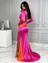 Deep V Neck Long Sleeve Fuchsia Evening Gown