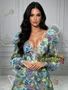 Deep V Neck Lace Detail on Green Prom Dress