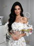 Medium shot off the shoulder floral appliques sheer white gown bodice detail