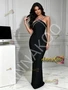 Front view of elegant black satin column long evening dress with beaded halter neckline