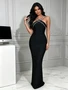 Front view of elegant black satin column long evening dress with beaded halter neckline