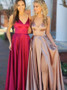 A-Line V-Neck Champagne Split Elastic Satin Prom Dress
