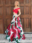 Print Red Floral Satin Two Piece Off-the-Shoulder Prom Dress
