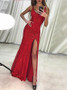 Beading Sheath Scoop High Split Red Lace Prom Dress