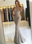 Sequin Detachable Lace Mermaid High Neck Evening Prom Dress