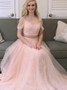 Beading Pink Tulle Two Piece Cold Shoulder Prom Dress 
