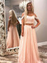 Beading Pink Tulle Two Piece Cold Shoulder Prom Dress 