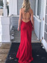 Sexy Split Red Elastic Satin Sheath Spaghetti Straps Prom Dress