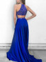 Cutout A-Line Beading Royal Blue Elastic Satin Prom Dress 