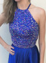 Cutout A-Line Beading Royal Blue Elastic Satin Prom Dress 