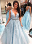 Backless Appliques A-Line V-Neck Light Blue Tulle Prom Dress 