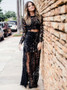 Long Sleeve Black Floor Length Two Piece Scoop Neck Prom Dress 