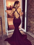 Criss-Cross Back Burgundy Elastic Satin Mermaid V-Neck Prom Dress