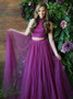  Sequins Long Two Piece Round Neck Grape Tulle Prom Dress 