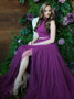  Sequins Long Two Piece Round Neck Grape Tulle Prom Dress 