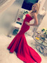 Long Mermaid Strapless Court Train Red Satin Prom Dress