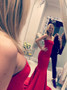 Long Mermaid Strapless Court Train Red Satin Prom Dress