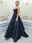 Beading Navy Blue Satin A-Line Sweetheart Prom Dress