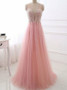 Sequins Beading See Through Back A-Line V-Neck Pink Tulle Prom Dress
