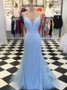 Mermaid Spaghetti Straps Long Blue Sequined Prom Dress
