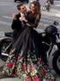 Two Piece Lace Open Back Printed Black Satin Prom Dress