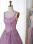 Lace Beading A-Line Straps Mid-Calf Lavender Tulle Prom Dress
