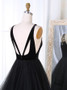 Open Back A-Line V-Neck Long Pleated Tiered Black Tulle Prom Dress