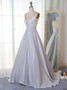 Pearls Appliques A-Line V-Neck Long  Grey Satin Prom Dress 