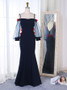 Mermaid Spaghetti Straps Flowers Sleeves Navy Blue Prom Dress