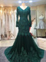 Long Sleeves Appliques Mermaid V-neck  Green Tulle Prom Dress