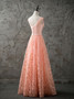  Beading A-Line V-Neck Long Peach Lace Prom Dress 