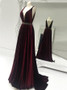 Deep V-Neck Beading Backless Burgundy Stretch Satin Prom Dress 