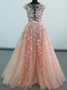 Sequins Appliques A-Line Bateau Long Peach Tulle Prom Dress