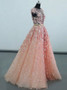 Sequins Appliques A-Line Bateau Long Peach Tulle Prom Dress