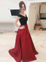 Black A-Line Off-the-Shoulder Long Red Satin Prom Dress