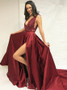 V-Neck Long  Lace Split Burgundy Satin Prom Dress