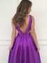 A-Line V-Neck Backless Long Sexy Purple Satin Prom Dress