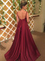 Burgundy Satin V-Neck Backless Prom Dress With Sash