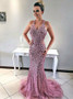 Beading Light Purple Tulle Mermaid V-Neck  Prom Dress