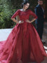 Half Sleeves Burgundy Tulle A-Line Bateau Appliques Prom Dress