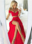 Long Sleeves Dark Red High Split Two Piece Sheath V-Neck Prom Dress