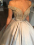Ball Gown Beading Off-the-Shoulder Light Grey Satin Prom Dress