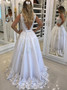 Pearls Appliques A-Line V-Neck Backless White Tulle Prom Dress