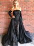 Detachable Train Sheath Long Sleeves Black Tulle Prom Dress 