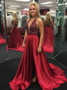 Beading Split A-Line Halter Backless Dark Red Prom Dress