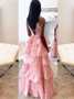Appliques Deep V-Neck Tiered Pink Lace Backless Prom Dress