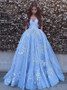 Blue Tulle Appliques Ball Gown Off-the-Shoulder Long Prom Dress