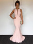 Mermaid Round Neck Sweep Train Pearl Pink Open Back Prom Dress