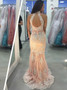 Coral Lace Appliques Mermaid High Neck Open Back Prom Dress