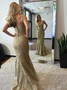 Two Piece Mermaid V-Neck Gold Long Lace Prom Dress